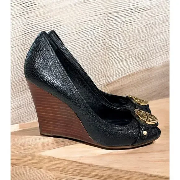 Tory Burch Leticia Peep Toe Leather Wedge Heels Size 7.5M - Picture 2 of 9